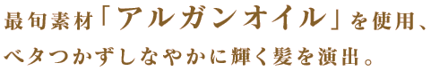 最旬素材「アルガンオイル」を使用、べたつかずしなやかに輝く髪を演出。